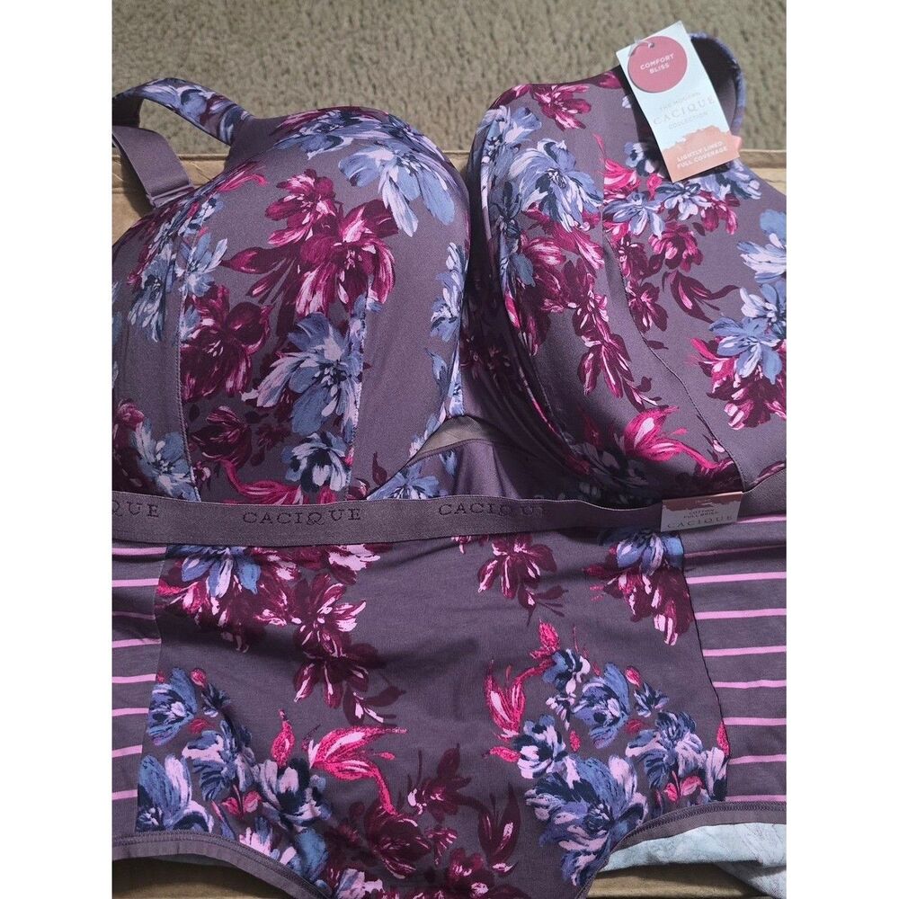 Cacique Plum Floral Underwire Bra and Brief Set Comfort Bliss 44DDD Briefs 18/20